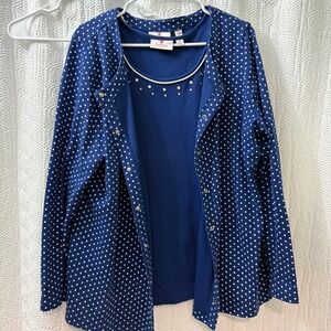 Quaker Factory 2pc Set Women XL Blue White Polka Dot Rhinestone Embellished